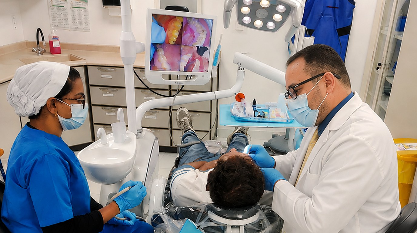 طبيب أسنان ومساعدة أثناء علاج مريض في مركز أسنان دار السلامة بالخبر — Dental treatment at Dar As Salama Dental Center, Al Khobar