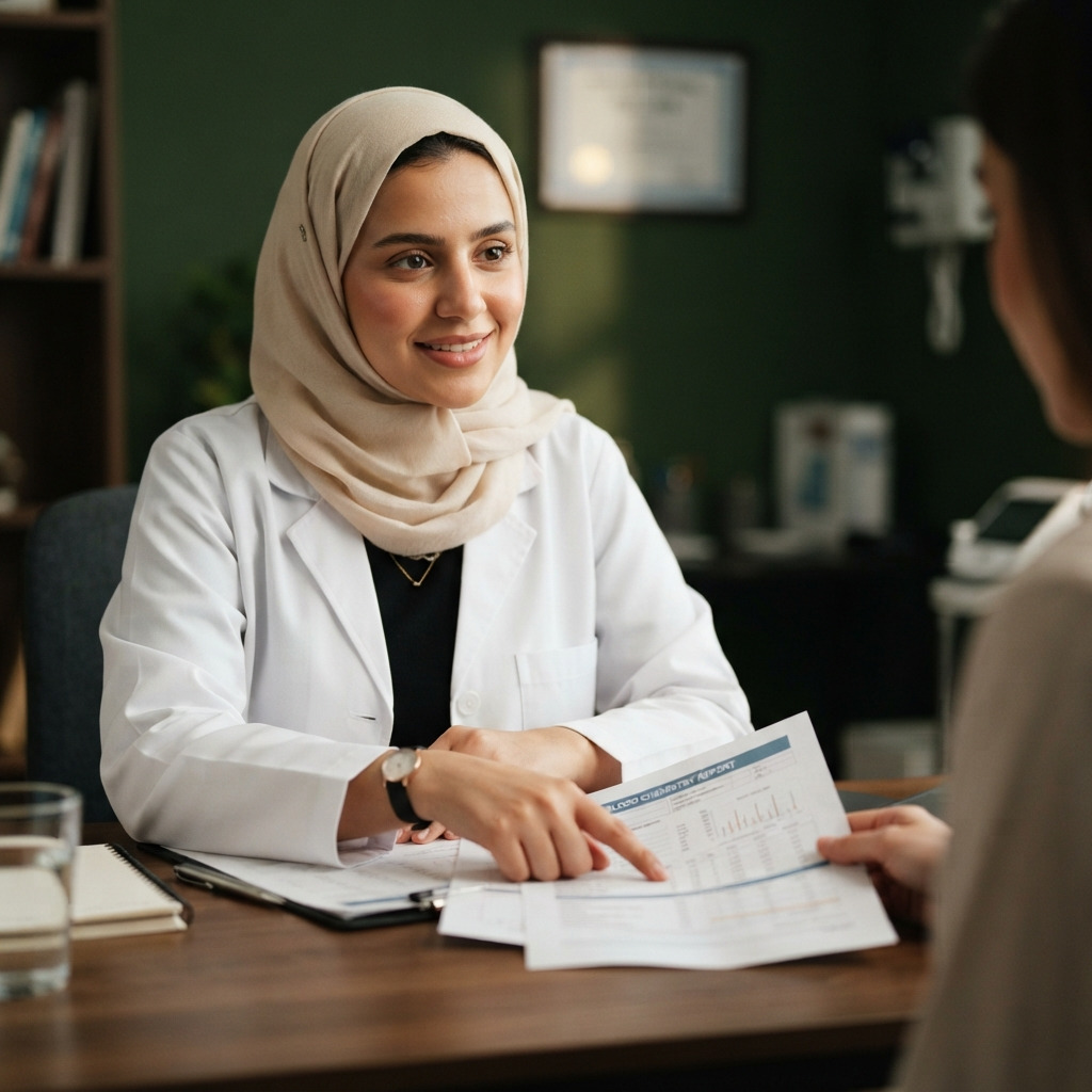 A clinical dietitian going through a blood-panel report with a patient