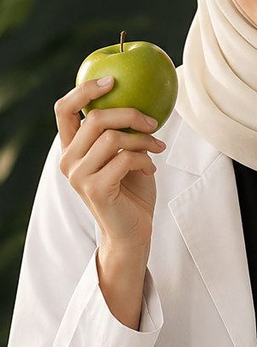 A green apple held in a clinician&rsquo;s hand