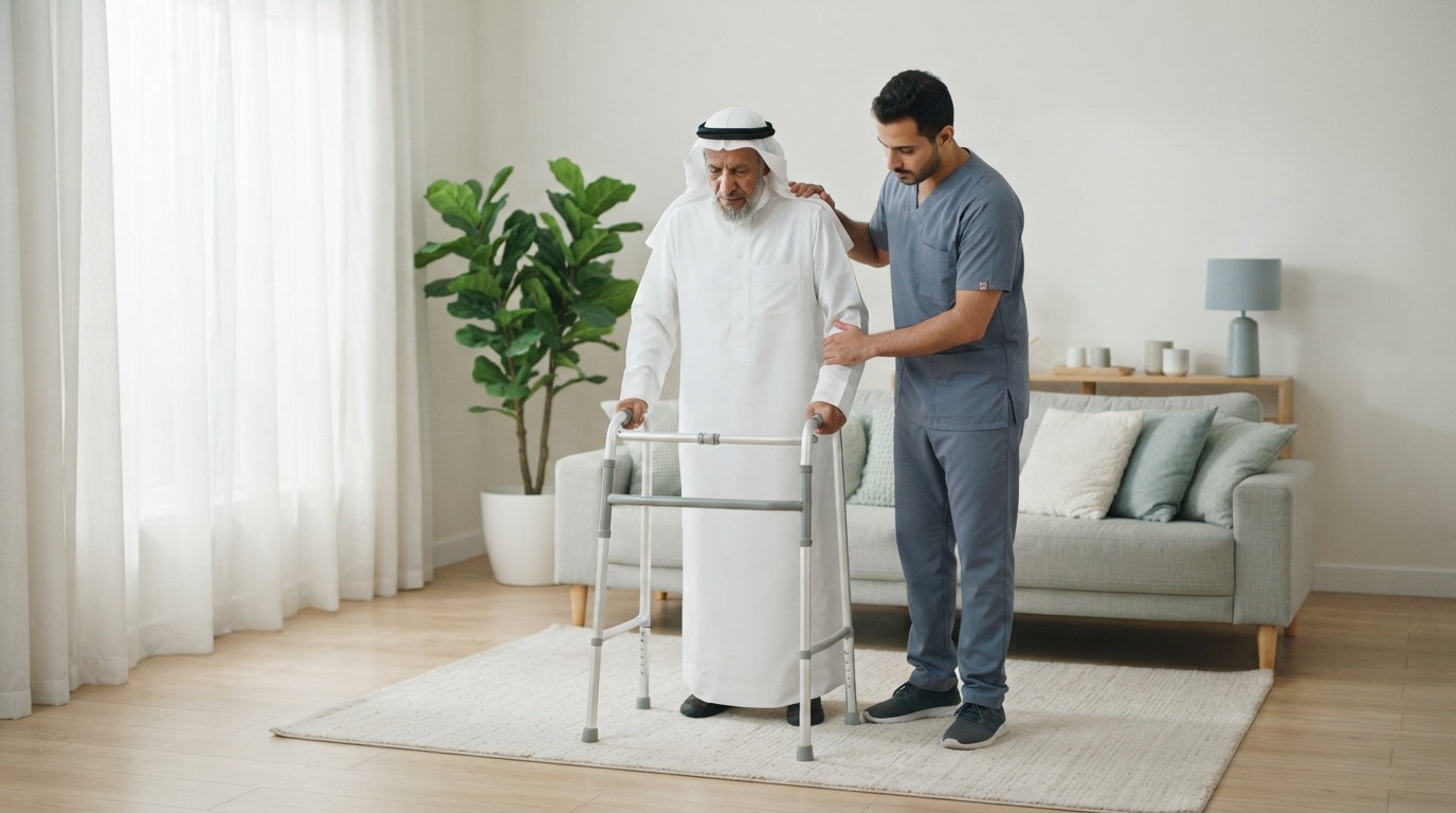A nurse taking an elderly patient's blood pressure at home
