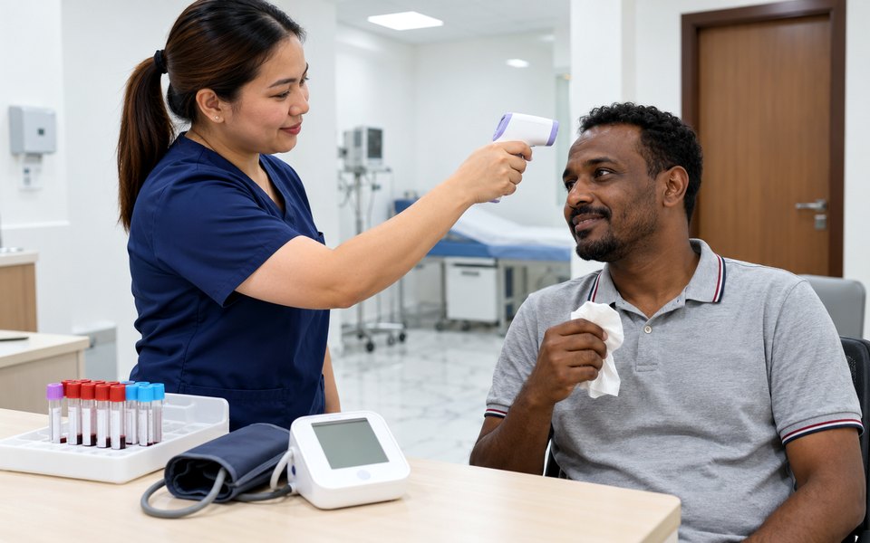A fever check and blood tests at Dar As Salama