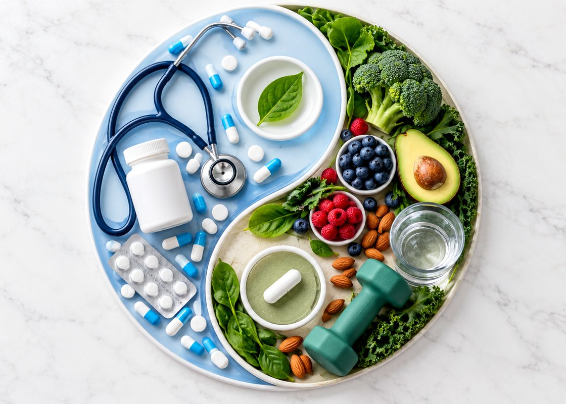 Medicine and healthy food, in balance on one plate