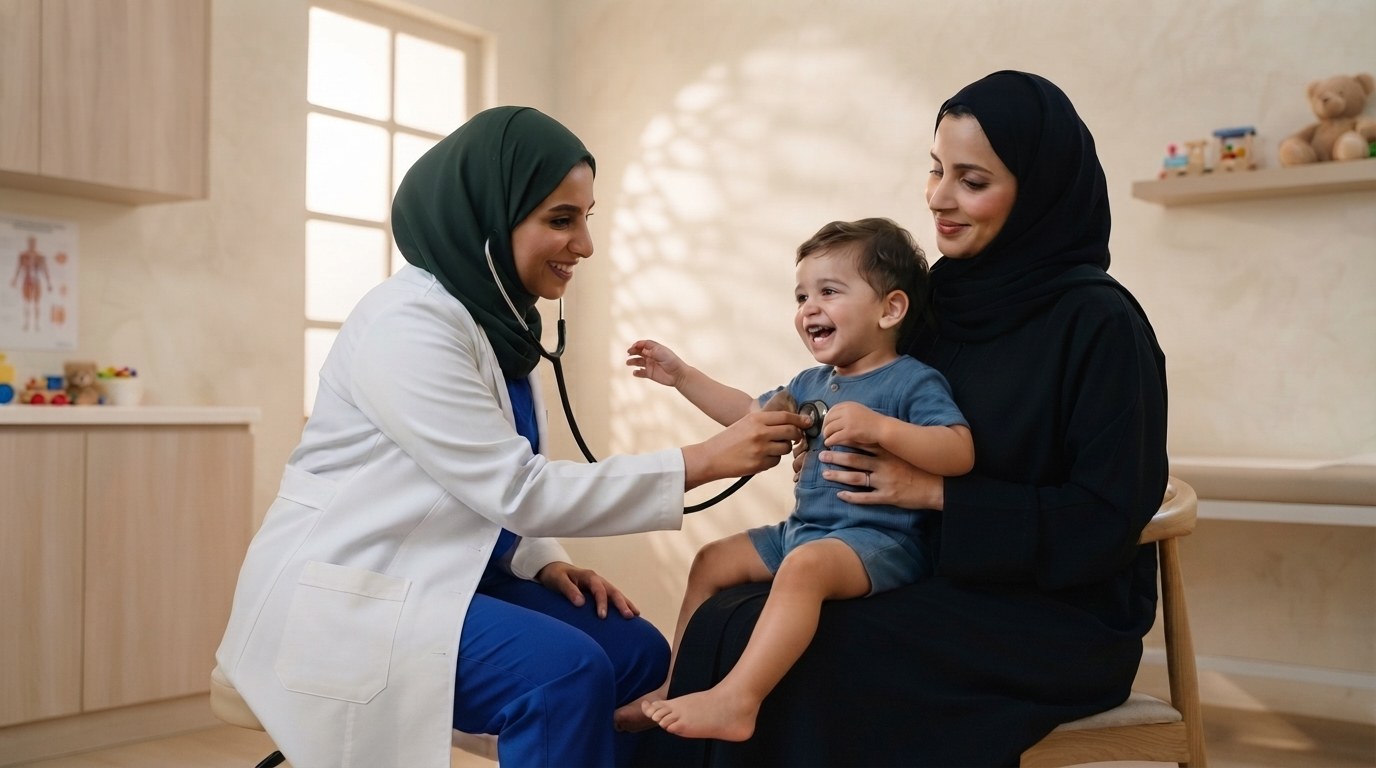 A pediatrician examining a toddler at Dar As Salama