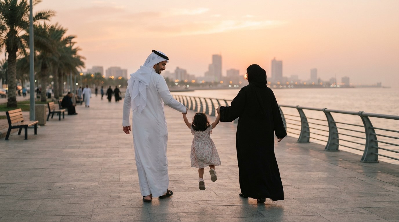 A family walking together on the Khobar corniche