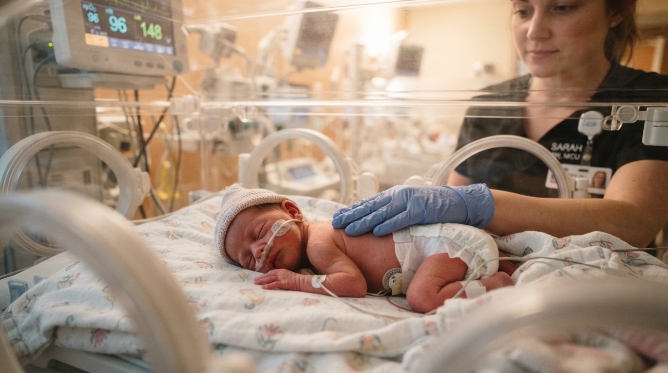 A newborn in the incubator at Dar As Salama, a nurse's hand resting on their back