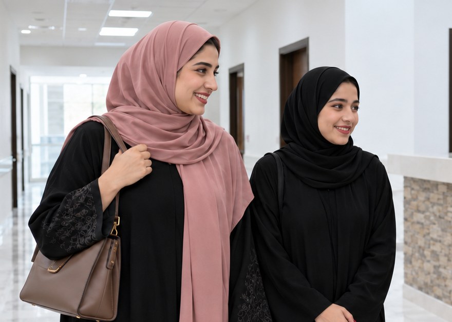 Two young women walk together along the hospital corridor